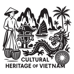 Vietnam cultural heritage. Simple vector illustration in mini art style. White background.
