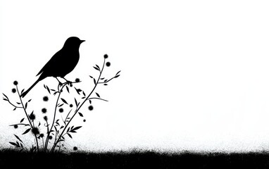 Silhouette of a bird perched on a branch, singing as the morning sun rises, symbolizing new beginnings, 