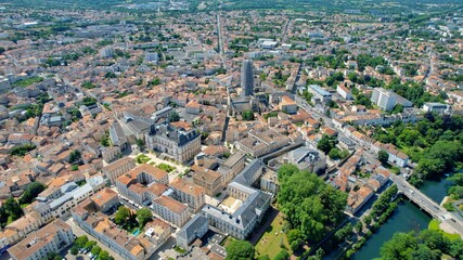 Aerial panorama view around the old town in the city Niort in France, on a sunny summer noon