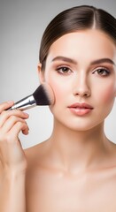 Fototapeta premium Young caucasian female applying makeup with brush on smooth skin