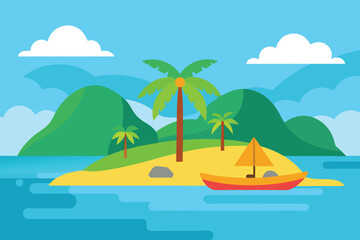 Obraz premium A scenic tropical island with palm trees, a boat, and mountains, perfect for a summer vacation getaway and a relaxing holiday destination