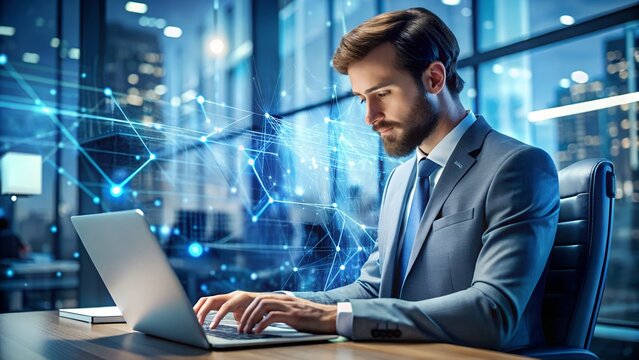 Businessman working on a laptop with a glowing digital network overlay, representing technology and global connectivity - Powered by Adobe