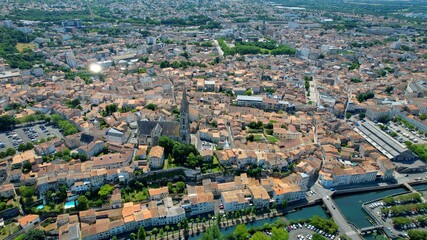 Aerial panorama view around the old town in the city Niort in France, on a sunny summer noon