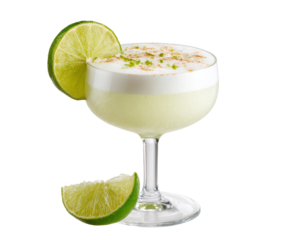 Refreshing lime cocktail served with lime wedges and garnished on a transparent background, cut out