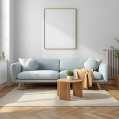 Modern Living Room Interior Design: Light Blue Sofa & Wooden Coffee Table
