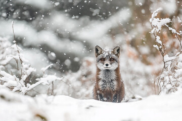 Obraz premium Captivating winter scene featuring a red fox gazing directly at the camera amid snowfall