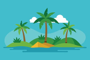 A tropical island scene with palm trees, clear blue waters, and a serene atmosphere, perfect for a relaxing vacation or exotic getaway