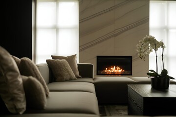 Serene living room with fireplace and marble accent wall showcasing modern interior design, natural light, relaxing atmosphere, contemporary stylish furniture, luxury home decor, open airy space