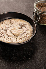 Chia pudding fruit puree tasty snack fresh delicious gourmet food background on the table rustic food top view copy space keto and paleo diet vegan and vegetarian food