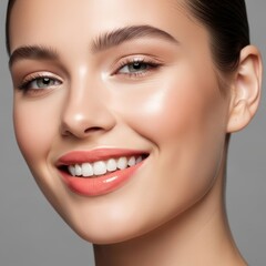 Naklejka premium Smiling young caucasian female with glossy lipstick and radiant skin close-up
