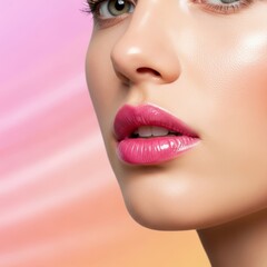 Naklejka premium Caucasian female with glossy pink lips against gradient background