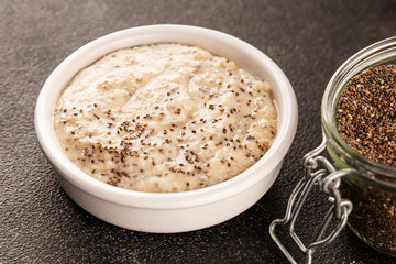 Chia pudding fruit puree tasty snack fresh delicious gourmet food background on the table rustic food top view copy space keto and paleo diet vegan and vegetarian food