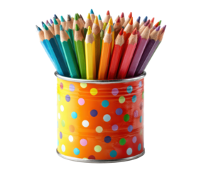 Colorful pencils in a dotted metal container for creative projects on a transparent background, cut out