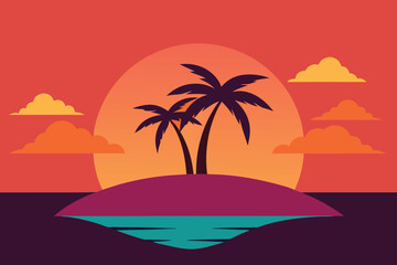 Obraz premium A vibrant tropical island at sunset with palm trees silhouetted against the colorful sky, evoking a sense of tranquility and escape