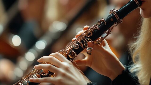 A talented musician captures the audiences attention playing the elegant woodwind instrument in a stunning concert hall. The atmosphere is filled with captivating sounds and emotions.
