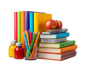 Colorful school supplies and fresh apples for study time on a transparent background, cut out