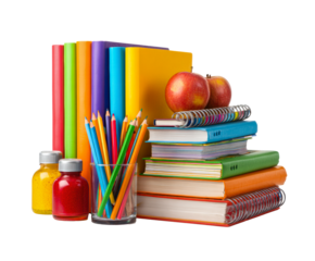 Colorful school supplies and fresh apples for study time on a transparent background, cut out