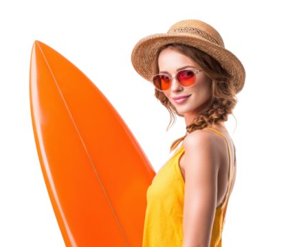 Vibrant summer vibes with a young woman and surfboard at the beach on a transparent background, cut out
