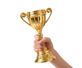 Celebrating victory with a golden trophy in hand on a transparent background, cut out