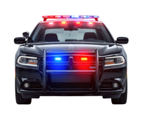 Emergency response vehicle with flashing lights in urban setting on a transparent background, cut out
