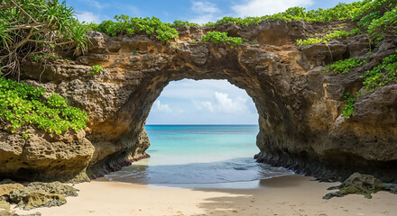 Idyllic tropical paradise featuring a natural stone arch covered in lush greenery opening onto a serene white sand beach and turquoise ocean