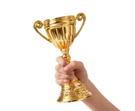 Celebrating victory with a golden trophy in hand on a transparent background, cut out