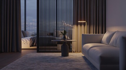 Naklejka premium Cozy living room with sofa and bedroom view at dusk