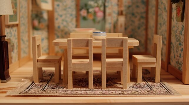 Tiny wooden chairs and table in dollhouse dining room, miniature charm frozen in playful, detailed stillness.