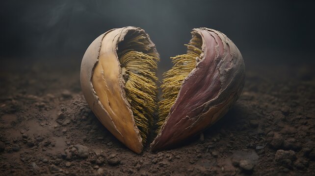 Cracked seed pod revealing fibrous interior on dark soil