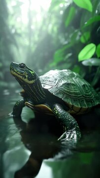 A turtle sitting on top of a body of water