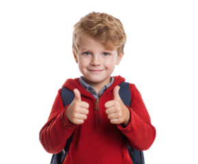 Happy child giving thumbs up with backpack at school on a transparent background, cut out
