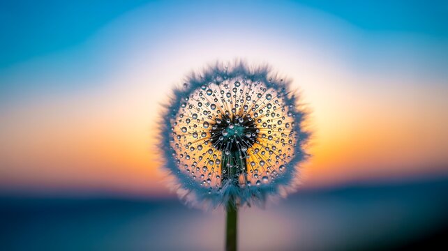 Dandelion seed head covered in water droplets at sunset