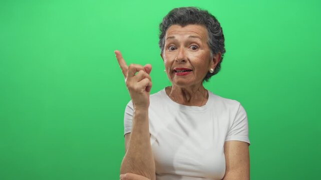 Senior woman with grey hair gestures idea against a vibrant green background, wearing a white shirt and showing thoughtful and surprised expressions in a sequence of frames.