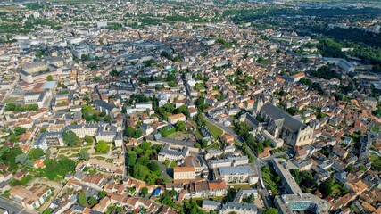 Aerial panorama view around the old town in the city Poitiers in France, on a sunny summer noon