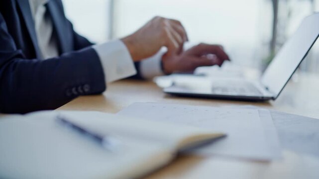 Ceo hands working office making notes in copybook at desk closeup. Aged man