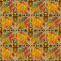 seamless autumn boho pattern with stag beetle and oak's leaves.