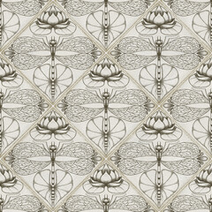seamless wallpaper with vintage pattern. Lilies and gragonfly