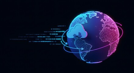 Glowing earth globe with cloud computing and binary data streams against a dark background design