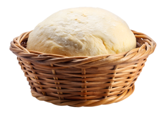 Raw bread dough in a woven basket, isolated on transparent background