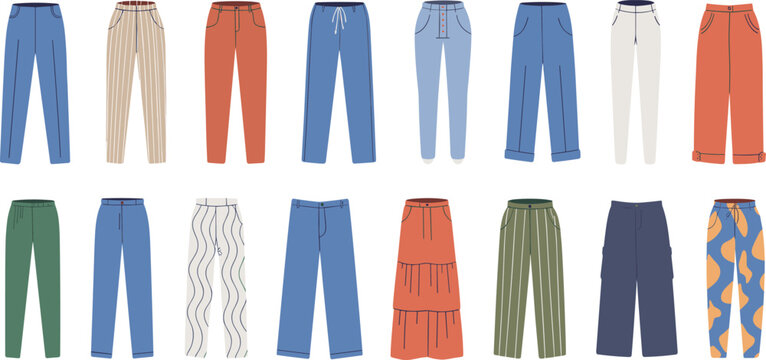 Women’s pants collection vector set, colorful fashion trousers flat design, multiple styles, trendy patterns, fabric variation illustration, front view sketch, cad editable drawing