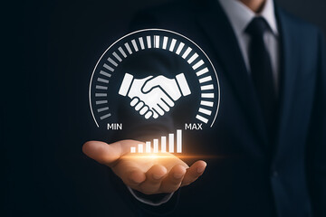 a businessman's hand holds a circular gauge with a handshake symbol in the center, a digital speedometer for measuring business deal satisfaction from min to max