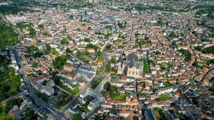 Aerial panorama view around the old town in the city Poitiers in France, on a sunny summer noon
