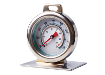 A stainless steel thermometer with a dial and red indicator, isolated on transparent background