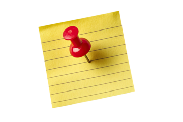 A yellow sticky note with a red pushpin