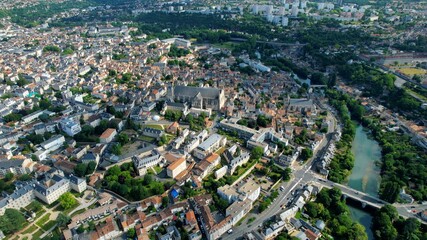 Aerial panorama view around the old town in the city Poitiers in France, on a sunny summer noon