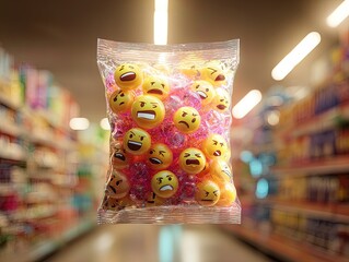 hyper-realistic artwork: transparent vacuum-sealed bag of angry emojis - perfect poster for dynamic sports interiors, featuring vibrant colors and surreal elegance in a blurred supermarket scene.