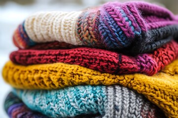 Fototapeta premium Several soft knitted scarves arranged in a colorful stack.
