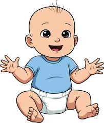 Obraz premium Happy baby boy sitting with open arms in blue shirt and white diaper cartoon vector illustration 