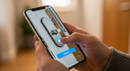 a person holding a modern smartphone showing a home automation app unlocking a smart door lock