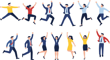 Cheerful Business People Celebrating Success: Jumping and High-Fiving in Professional Attire